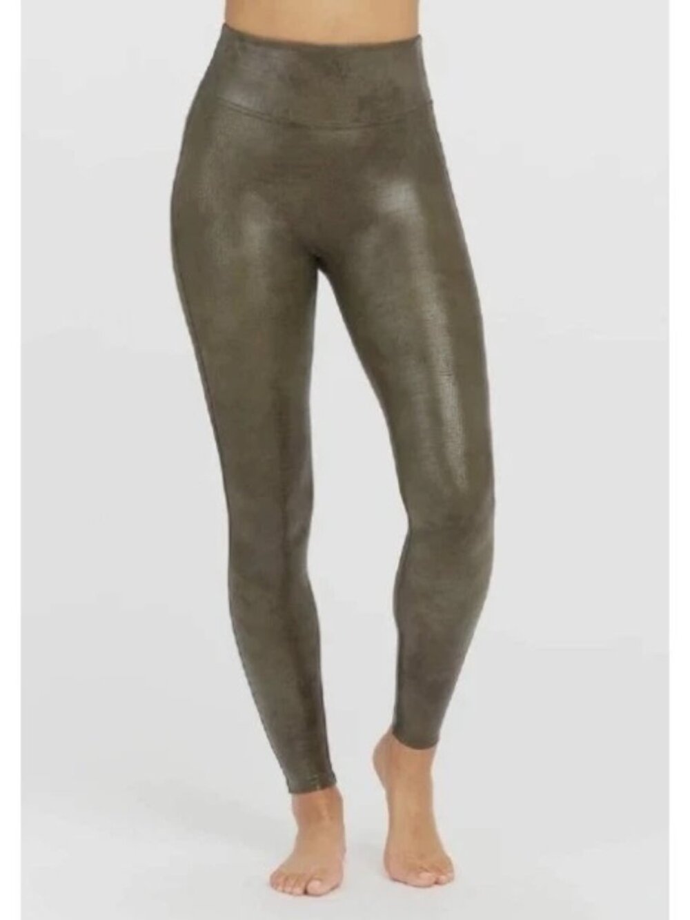 Spanx Olive Green Croc Faux Leather Shine Leggings Large NWT